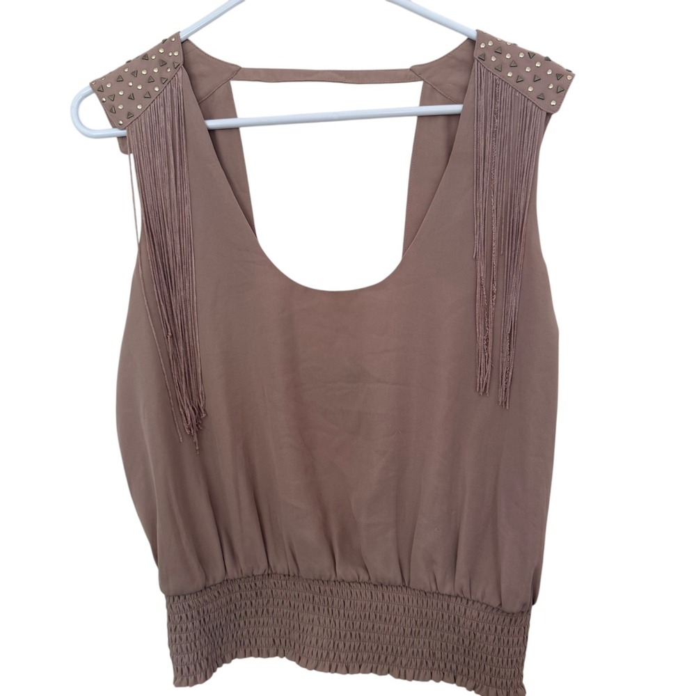 Bebe Fringe Studded Boho Tank Top M Cutout Back Y2K McBling Glam Festival‎ Rock
